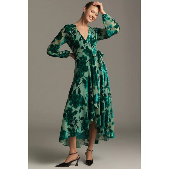 NWT Anthropologie Hutch Long-Sleeve V-Neck Wrap Midi Dress $228 MEDIUM Green - Picture 1 of 7